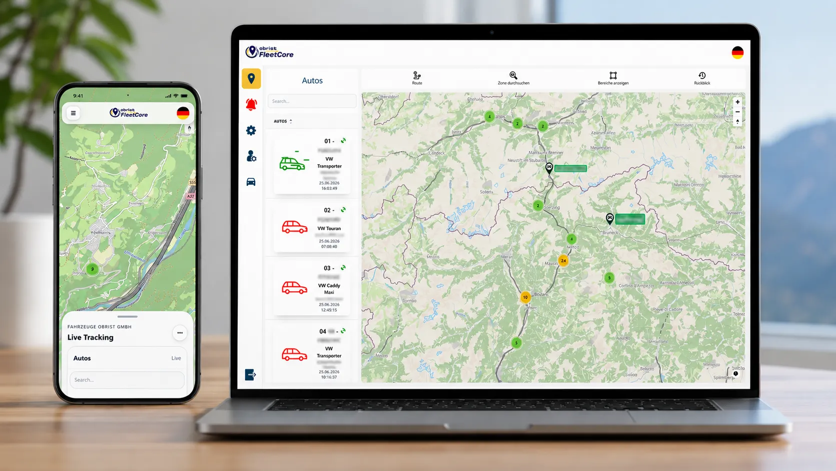 <h3><strong>Zugriff von überall</strong></h3><h3><br></h3><h3>Das GPS-Tracking-System ist über eine moderne Weboberfläche sowie eine mobile App erreichbar. Mitarbeiter im Büro und unterwegs greifen auf dieselben Daten zu und können jederzeit den aktuellen Status ihrer Flotte einsehen</h3>